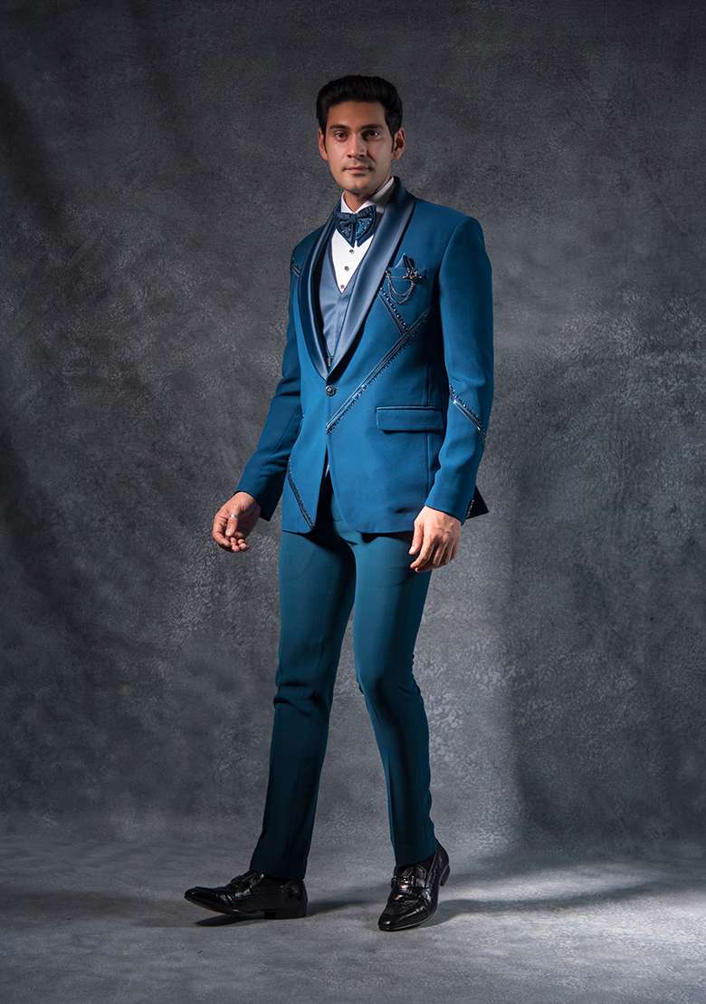 Teal Blue Embroidered Italian Tuxedo For Men - Indya