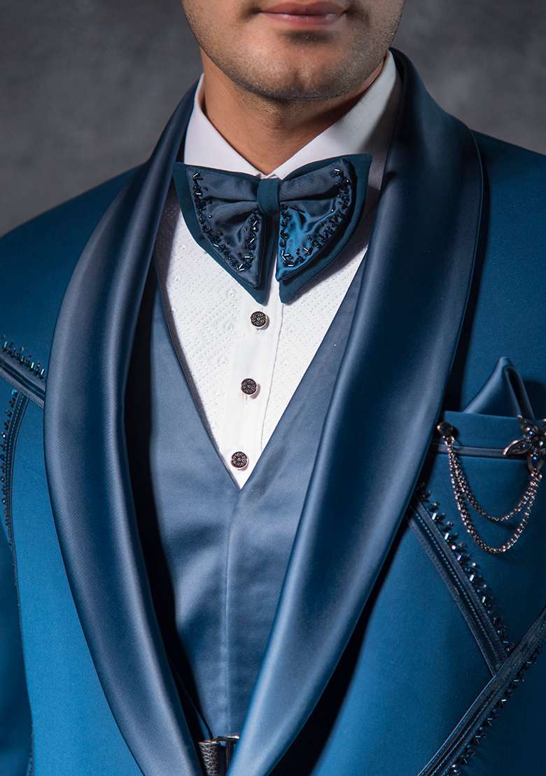 Teal Blue Embroidered Italian Tuxedo For Men - Indya