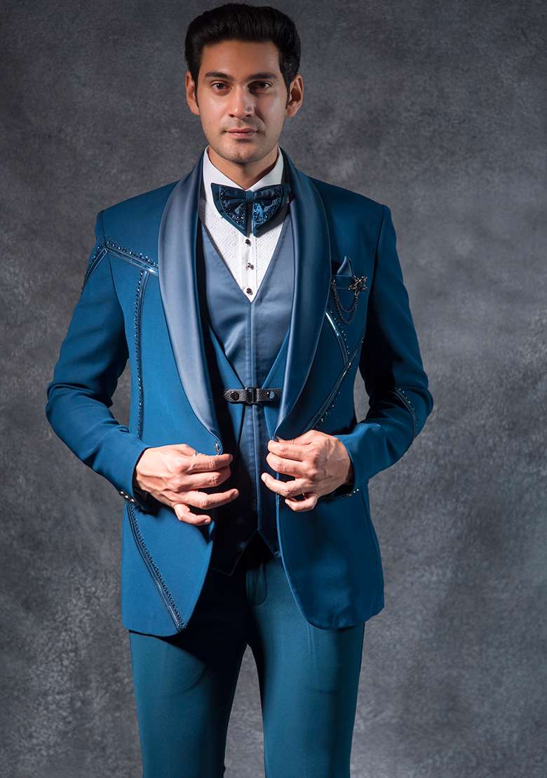 Teal Blue Embroidered Italian Tuxedo For Men - Indya