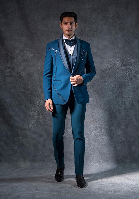 Teal Blue Embroidered Italian Tuxedo For Men