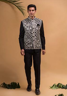 Black Embroidered Terry Rayon Nehru Jacket  Set For Men