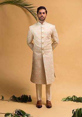 Light Gold Embroidered Silk Indo Western Sherwani Set For Men