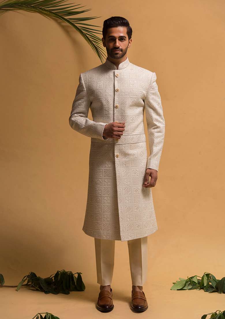 Cream Embroidered Silk Blend Indo Western Sherwani Set For Men - Indya