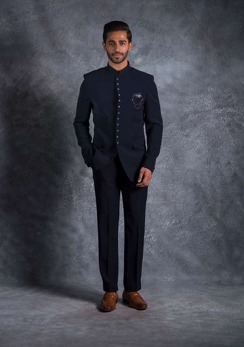 Navy Blue Embroidered Italian Tuxedo For Men - Indya
