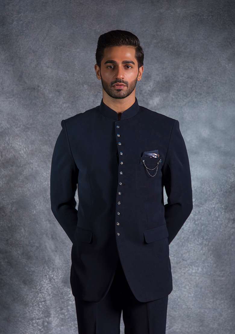 Navy Blue Embroidered Italian Tuxedo For Men - Indya