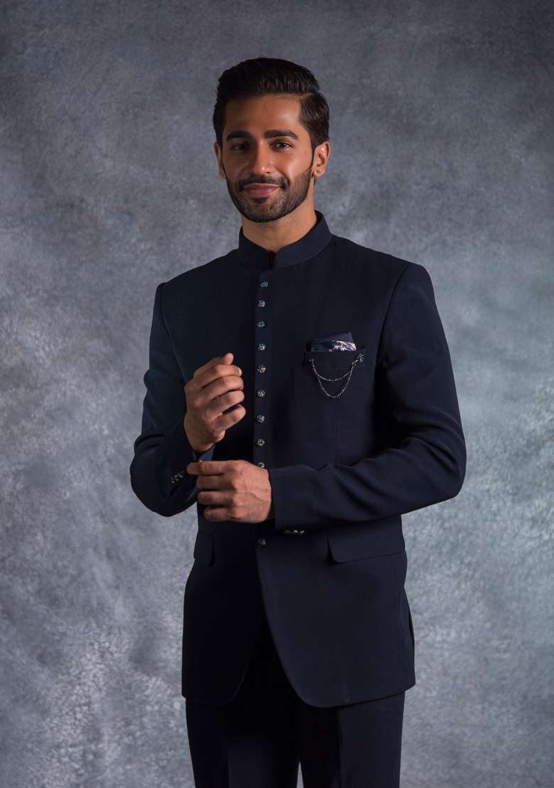 Navy Blue Embroidered Italian Tuxedo For Men - Indya