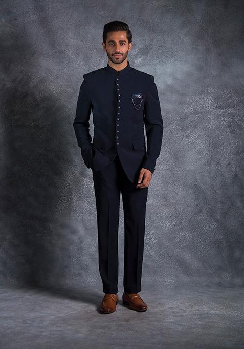 Navy Blue Embroidered Italian Tuxedo For Men