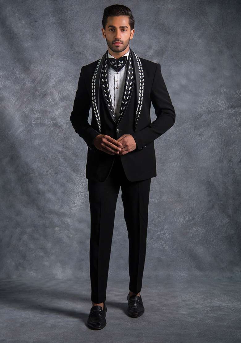 Black Embroidered Italian Tuxedo For Men - Indya