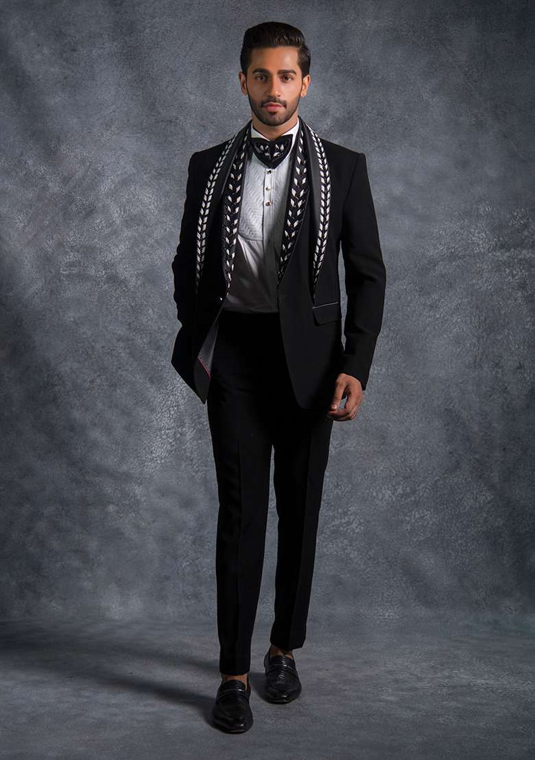 Black Embroidered Italian Tuxedo For Men - Indya