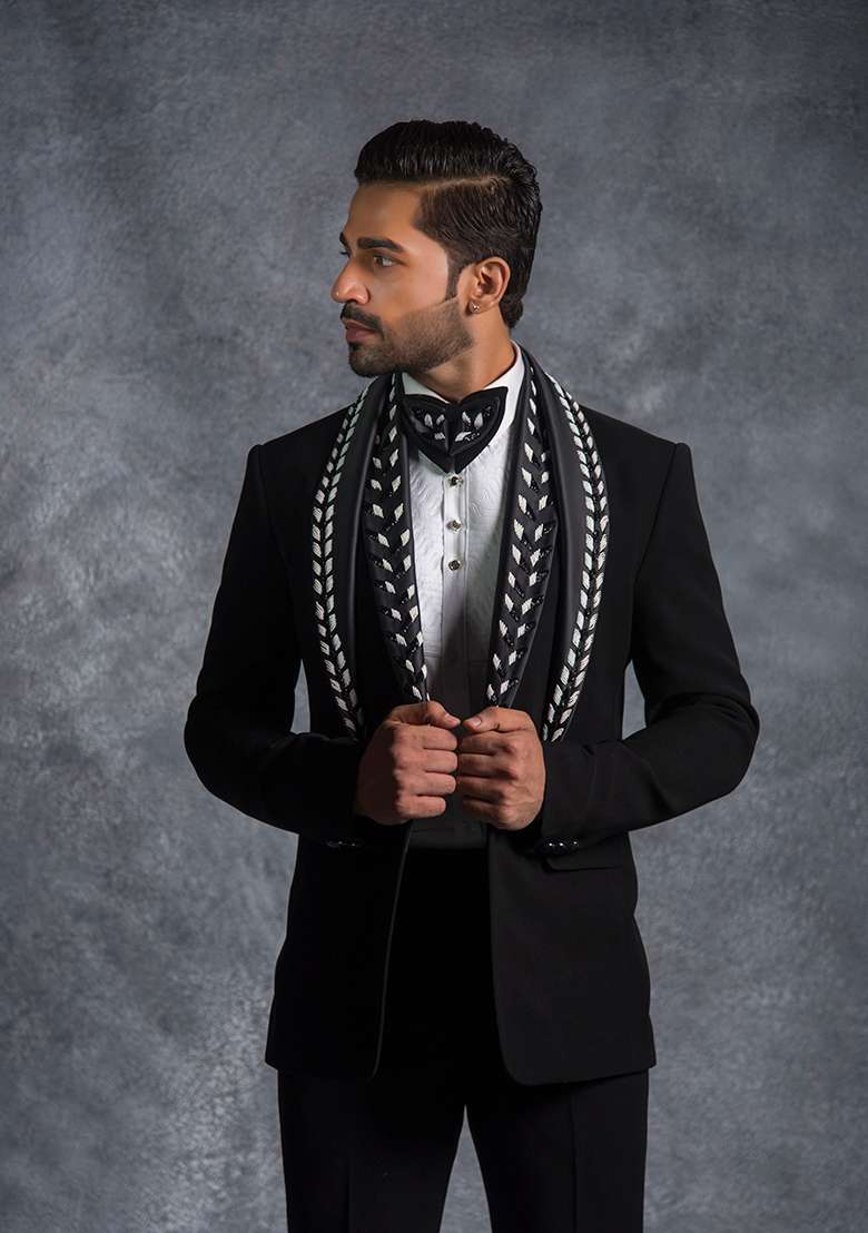 Black Embroidered Italian Tuxedo For Men - Indya