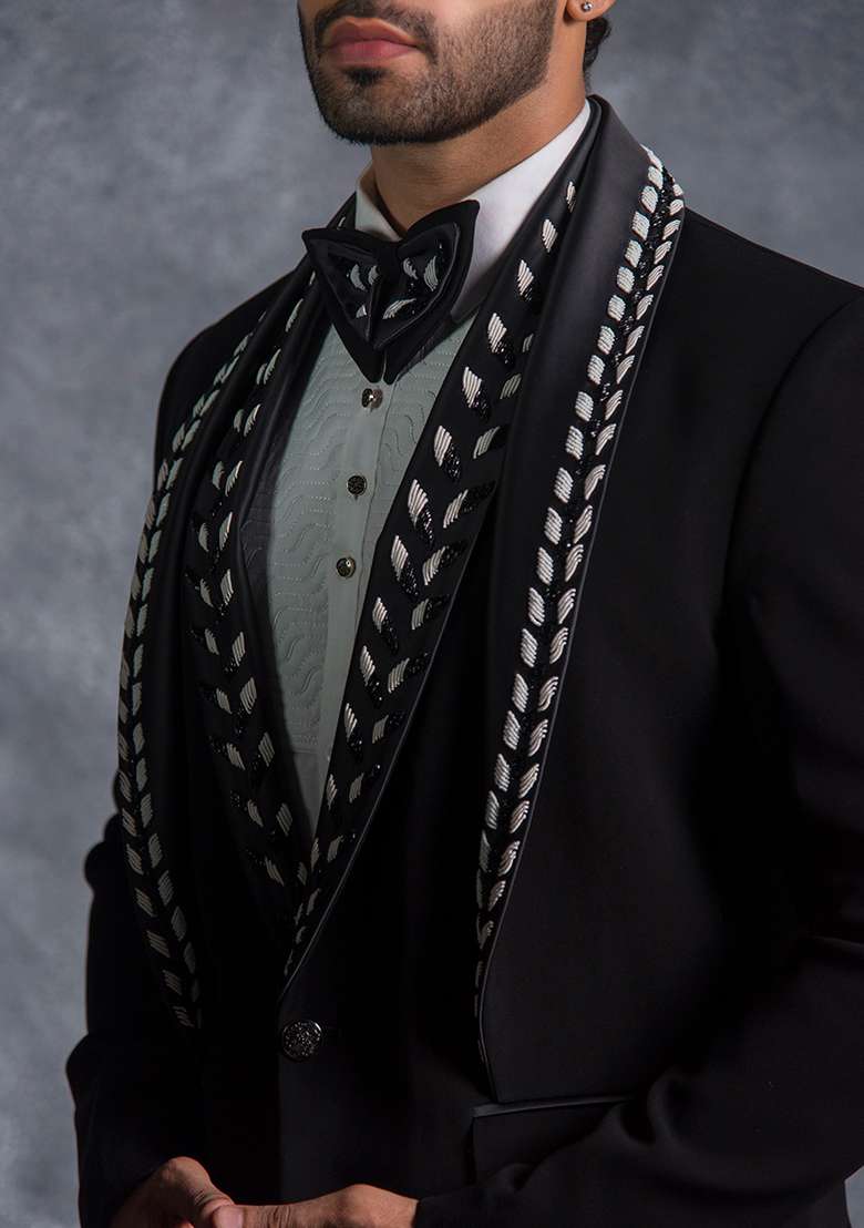 Black Embroidered Italian Tuxedo For Men - Indya