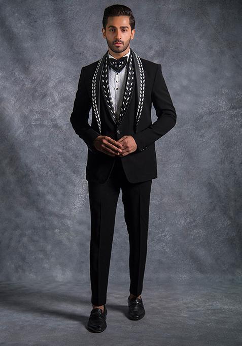 Black Embroidered Italian Tuxedo For Men