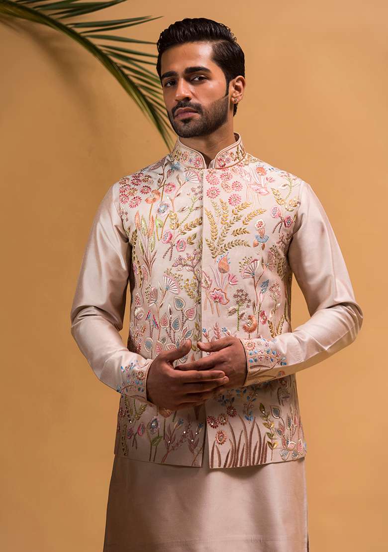 Rose Gold Embroidered Silk Blend Nehru Jacket Set For Men - Indya