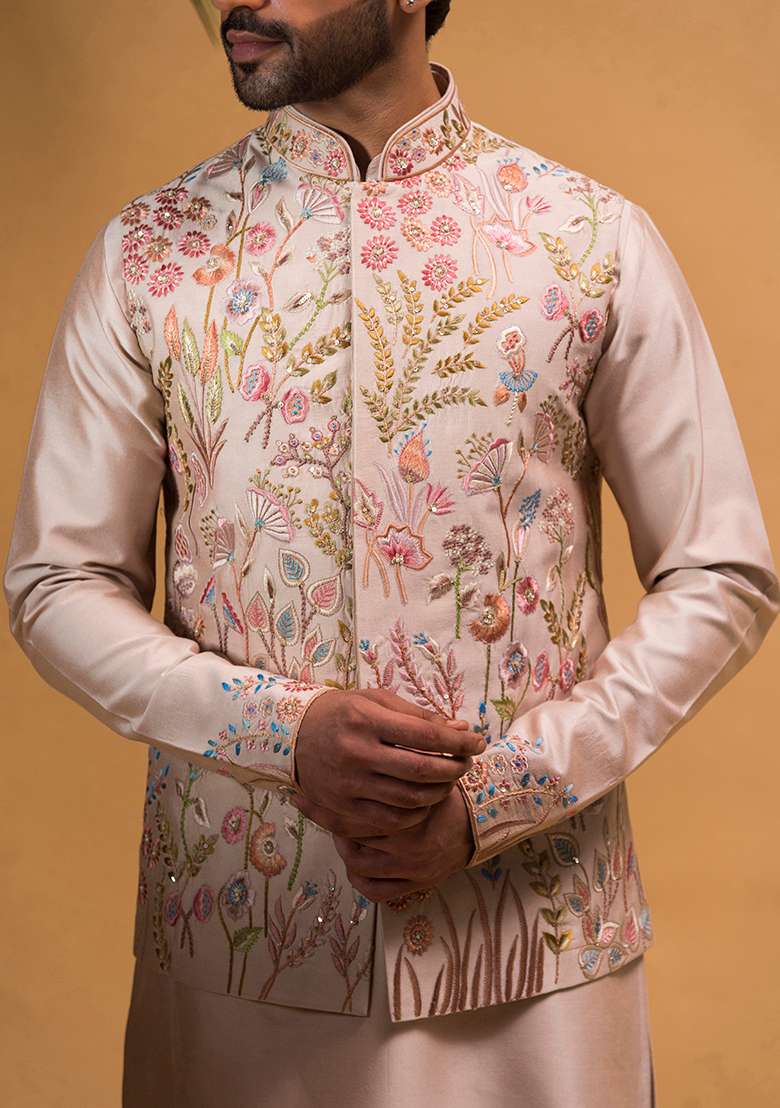 Rose Gold Embroidered Silk Blend Nehru Jacket Set For Men - Indya