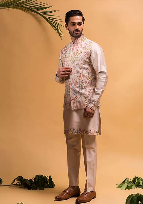 Rose Gold Embroidered Silk Blend Nehru Jacket Set For Men