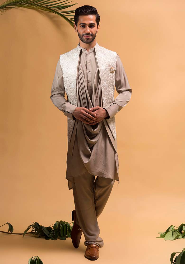 Dark Grey Embroidered Silk Blend Nehru Jacket Set For Men - Indya
