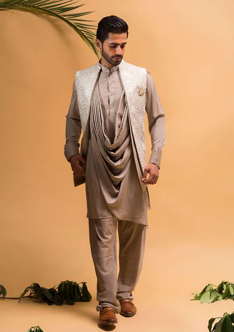 Dark Grey Embroidered Silk Blend Nehru Jacket Set For Men - Indya
