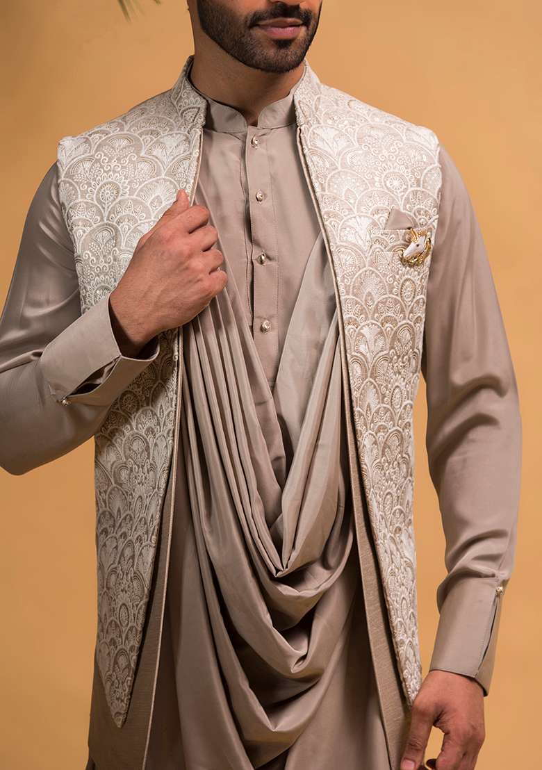 Dark Grey Embroidered Silk Blend Nehru Jacket Set For Men - Indya
