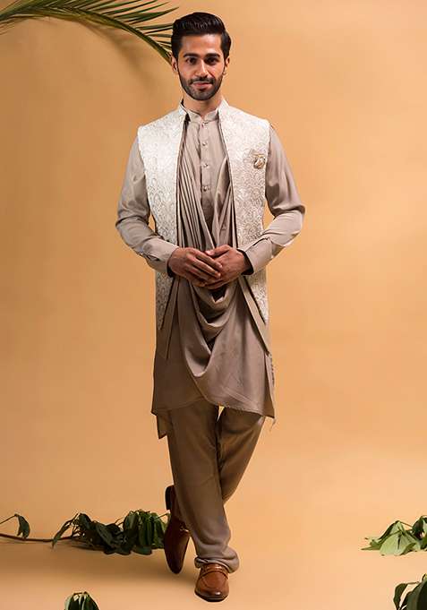 Dark Grey Embroidered Silk Blend Nehru Jacket Set For Men