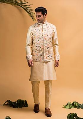 Pale Yellow Embroidered Silk Nehru Jacket  Set For Men