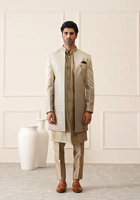 Green Embroidered Silk Indo Western Sherwani Set For Men