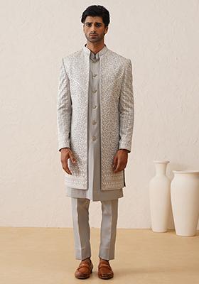 Sky Grey Embroidered Silk Indo Western Sherwani Set For Men
