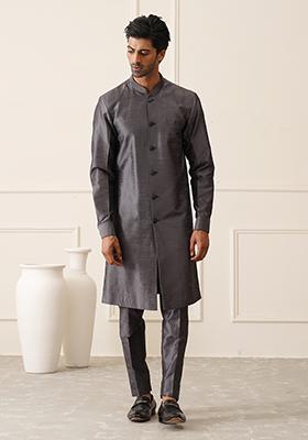 Dark Grey Embroidered Silk Indo Western Sherwani Set For Men