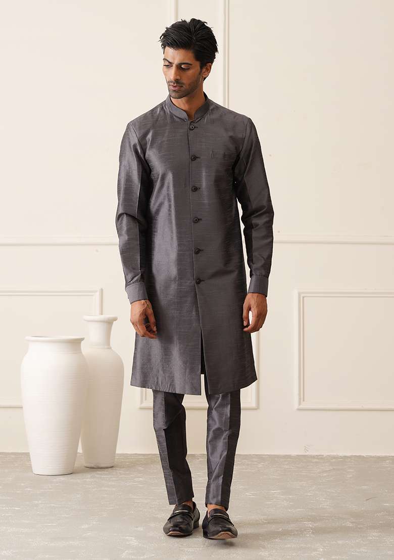 Dark Grey Embroidered Silk Indo Western Sherwani Set For Men - Indya