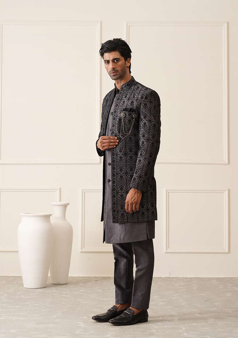 Dark Grey Embroidered Silk Indo Western Sherwani Set For Men - Indya