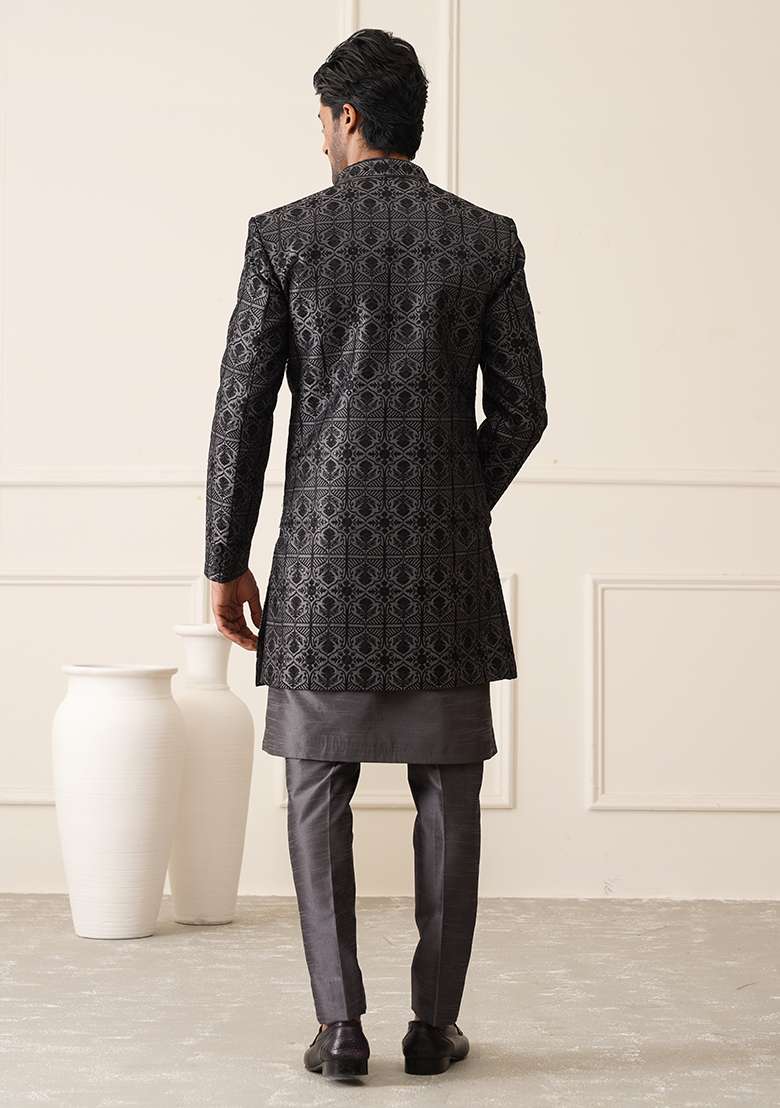 Dark Grey Embroidered Silk Indo Western Sherwani Set For Men - Indya