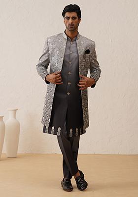 Grey Embroidered Silk Indo Western Sherwani Set For Men
