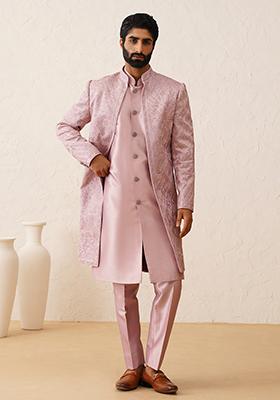 Pink Embroidered Silk Indo Western Sherwani Set For Men