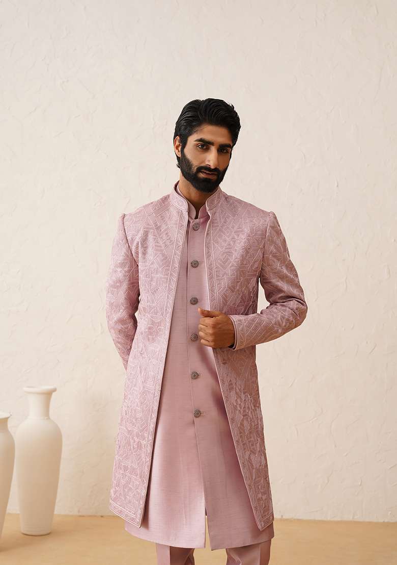 Pink Embroidered Silk Blend Indo Western Sherwani Set For Men - Indya