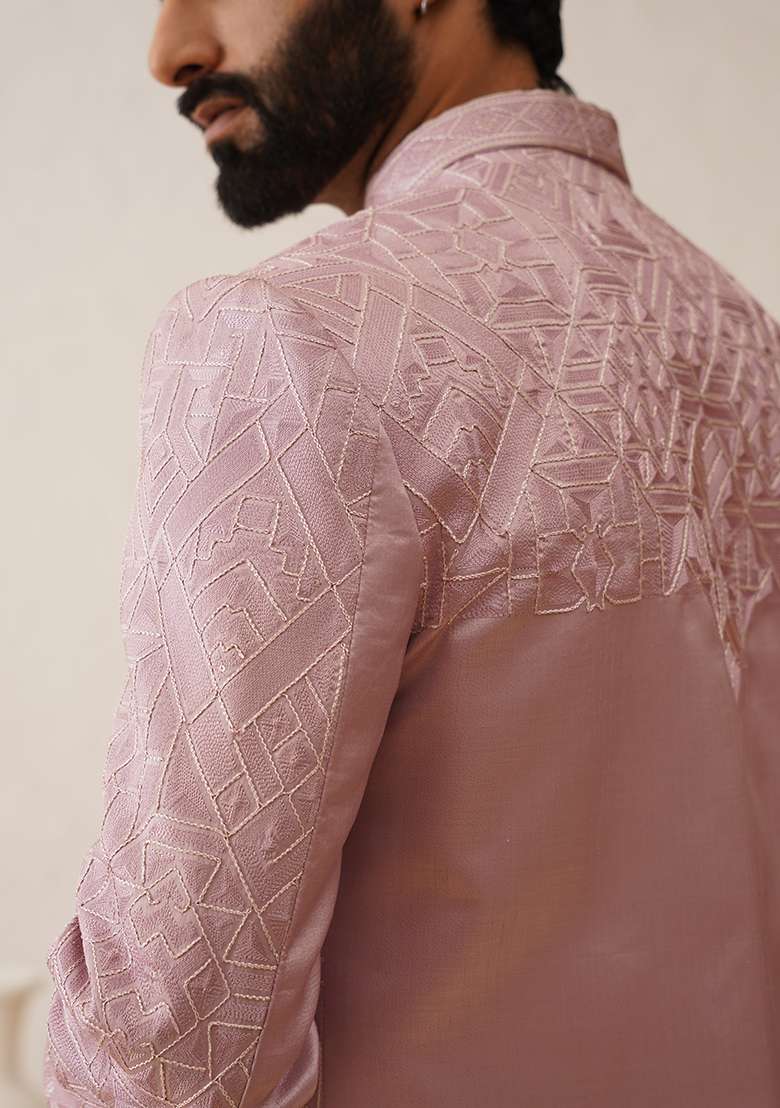 Pink Embroidered Silk Blend Indo Western Sherwani Set For Men - Indya