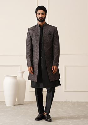 Dark Grey Embroidered Silk Indo Western Sherwani Set For Men
