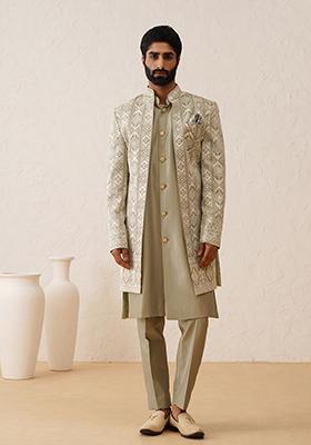 Green Embroidered Silk Indo Western Sherwani Set For Men