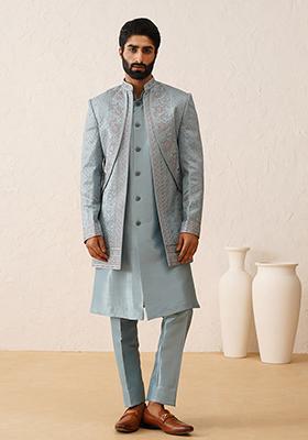 Sky Blue Embroidered Silk Indo Western Sherwani Set For Men