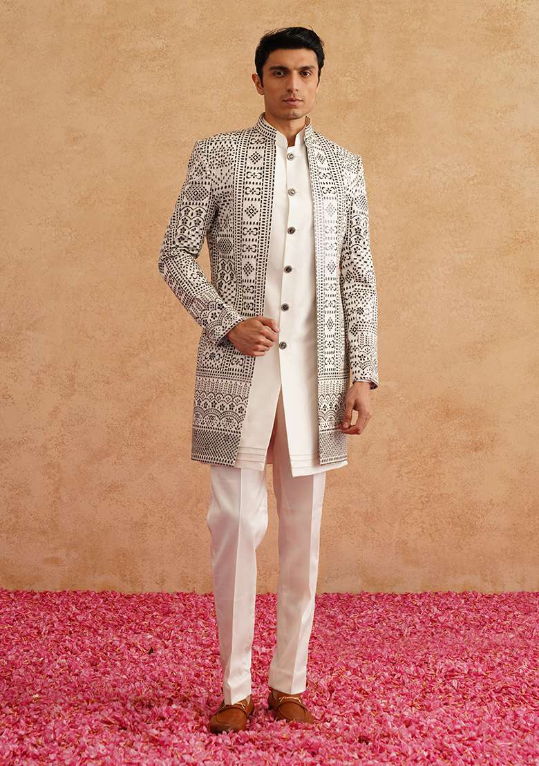 White Embroidered Silk Blend Indo Western Sherwani Set For Men - Indya
