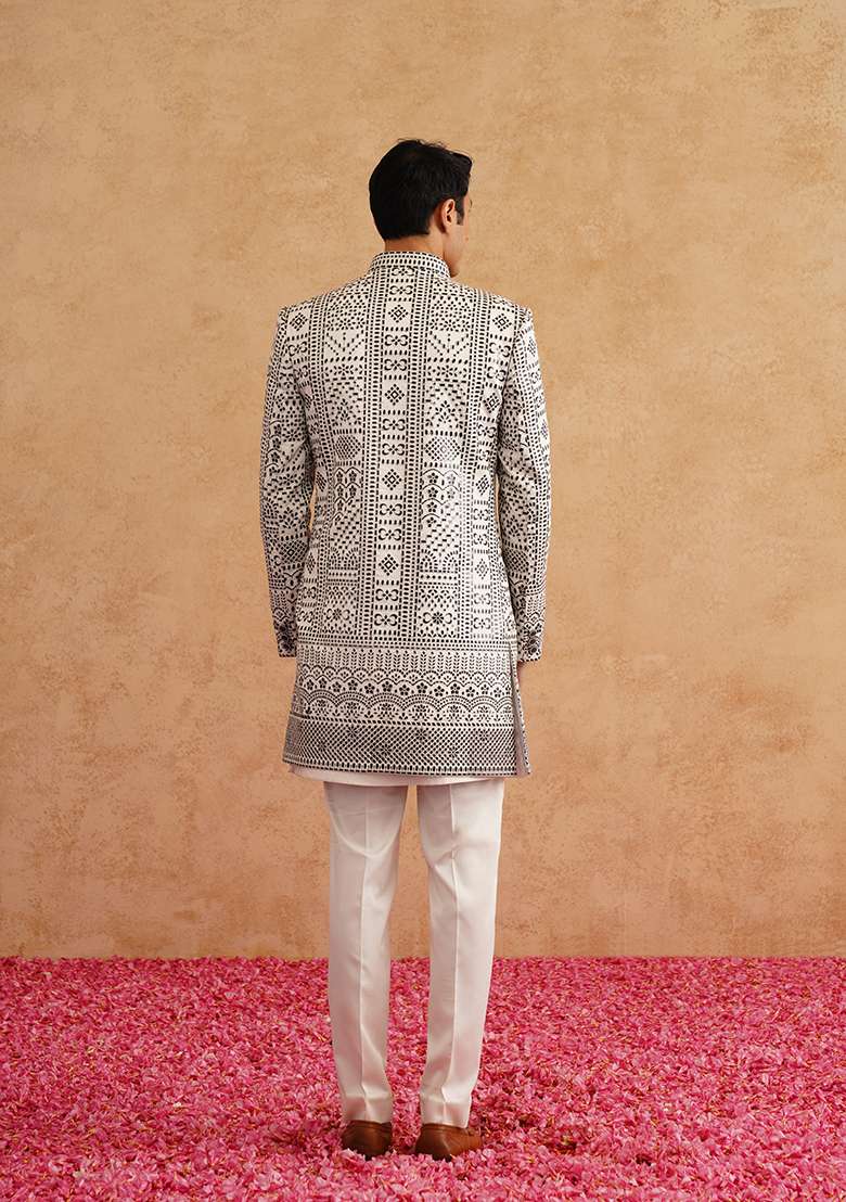 White Embroidered Silk Blend Indo Western Sherwani Set For Men - Indya