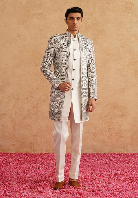 White Embroidered Silk Indo Western Sherwani Set For Men