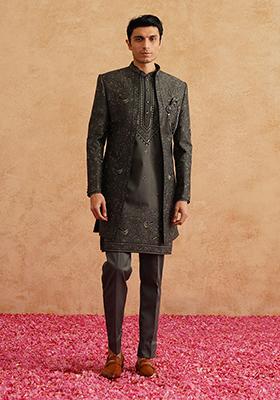 Charcoal Grey Embroidered Silk Indo Western Sherwani Set For Men