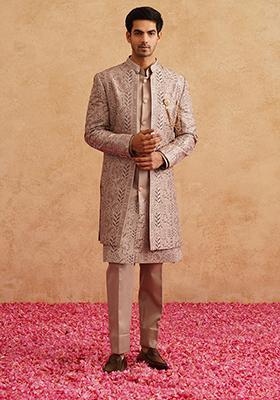 Rose Gold Embroidered Silk Indo Western Sherwani Set For Men