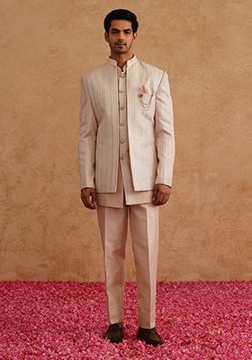 Light Pink Embroidered Silk Indo Western Sherwani Set For Men