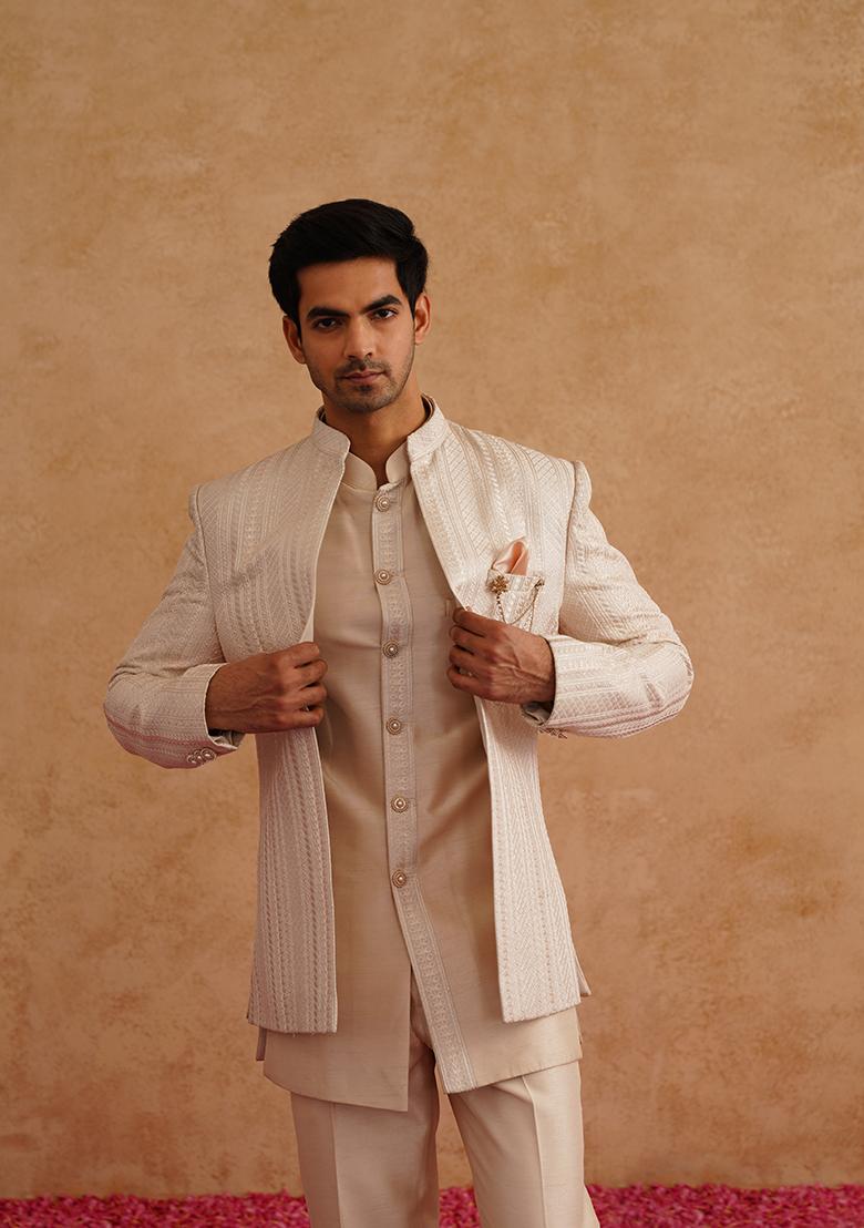 Light Pink Embroidered Silk Indo Western Sherwani Set For Men - Indya