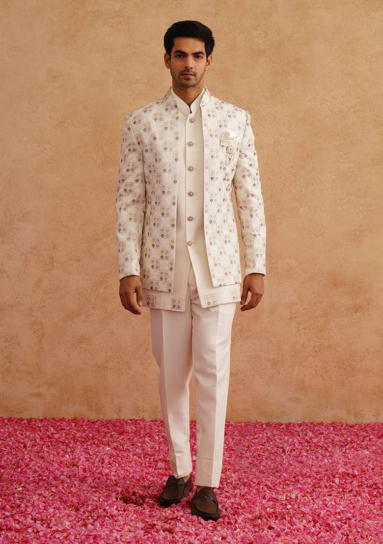 White Embroidered Silk Blend Indo Western Sherwani Set For Men - Indya