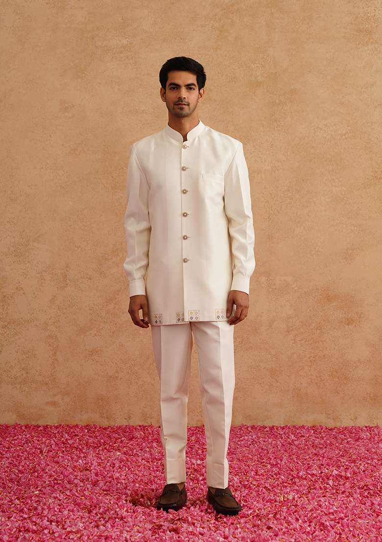 White Embroidered Silk Blend Indo Western Sherwani Set For Men - Indya