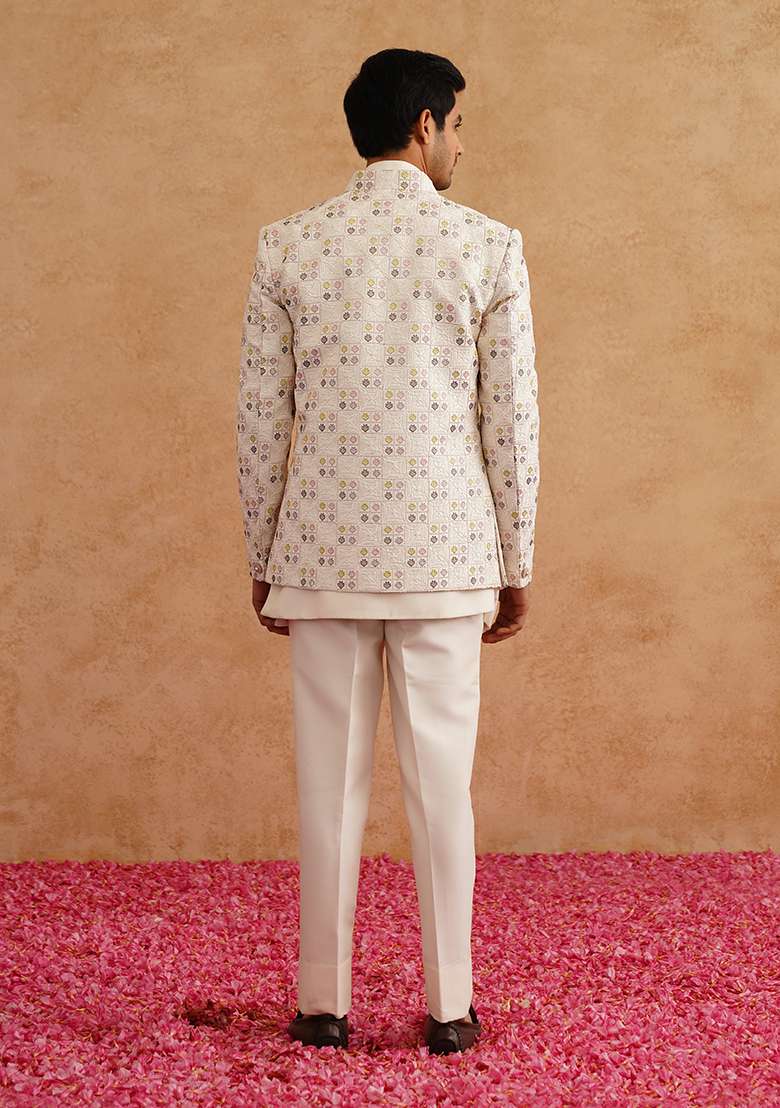 White Embroidered Silk Blend Indo Western Sherwani Set For Men - Indya