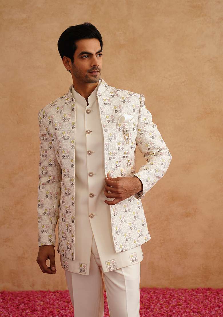 White Embroidered Silk Blend Indo Western Sherwani Set For Men - Indya