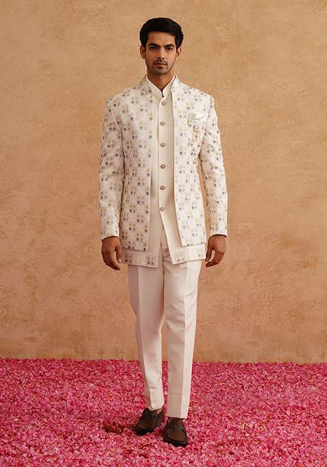 White Embroidered Silk Blend Indo Western Sherwani Set For Men