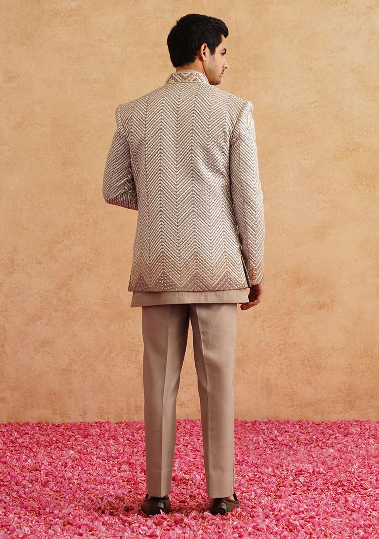 Champagne Brown Embroidered Silk Blend Indo Western Sherwani Set For Men - Indya